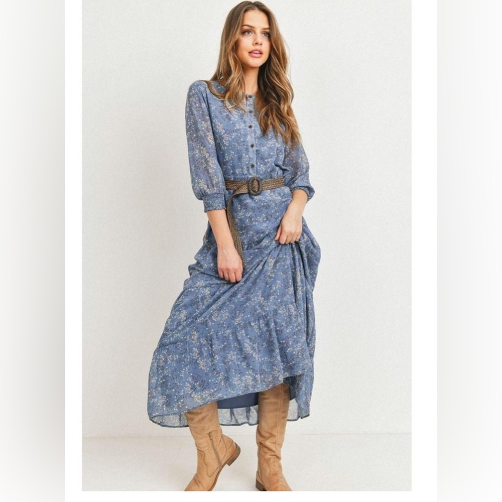 Paper Crane Women's Floral Button Front w/ Belt 3/4 Sleeve Dress Size M